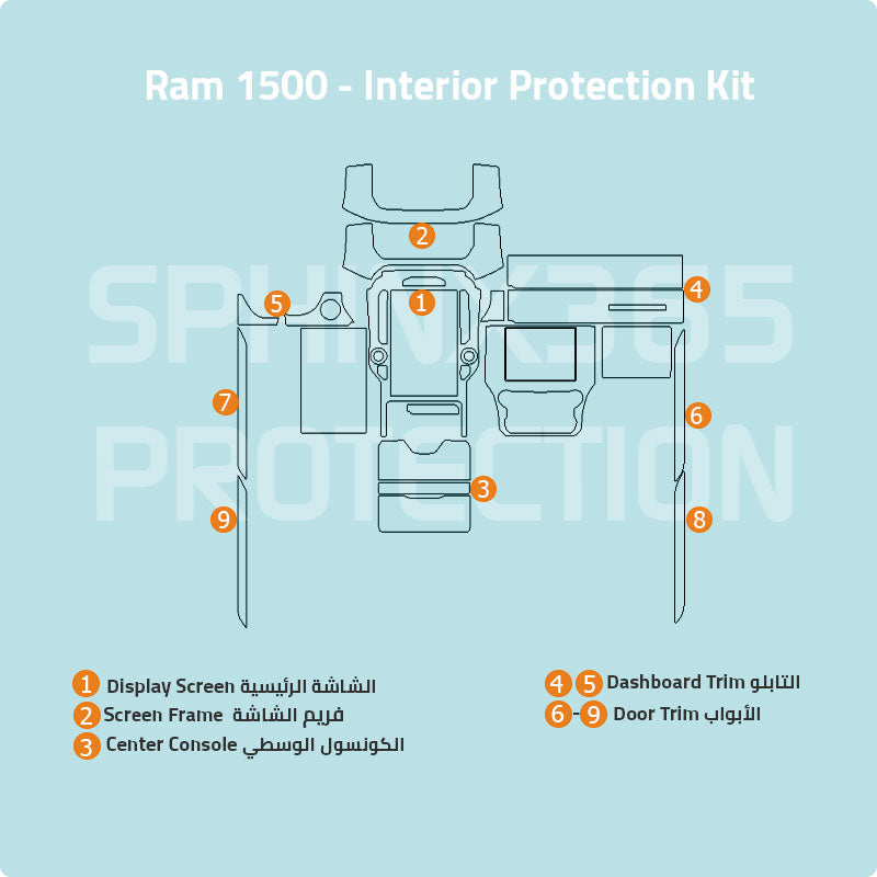 Car interior protection for Ram 1500 by Sphinx365, precut car film kits online, anti-scratch, self-healing.
