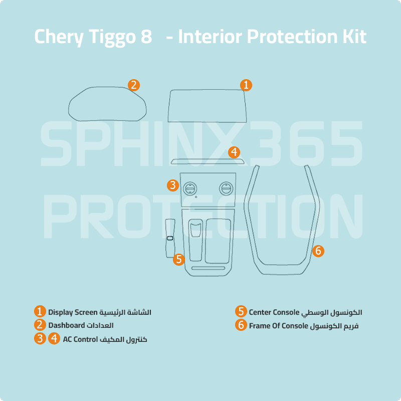 Car interior protection for Chery Tiggo 8 2024 by Sphinx365, precut car film kits online, anti-scratch, self-healing.